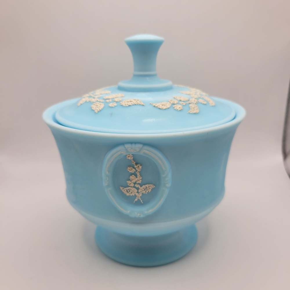 Vintage Westmoreland Blue Mist Satin Slag Glass Beaded Cameo Covered Compote